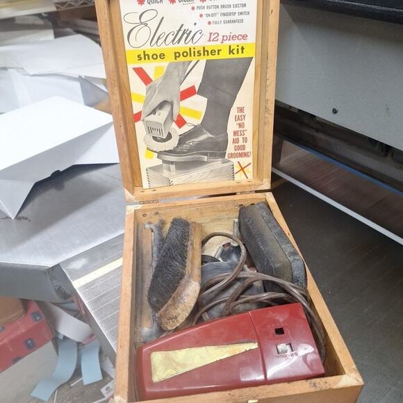 vintage shoe shine kit brushes etc. and Sears Polisher (For Parts) Wooden Box - Picture 4 of 6